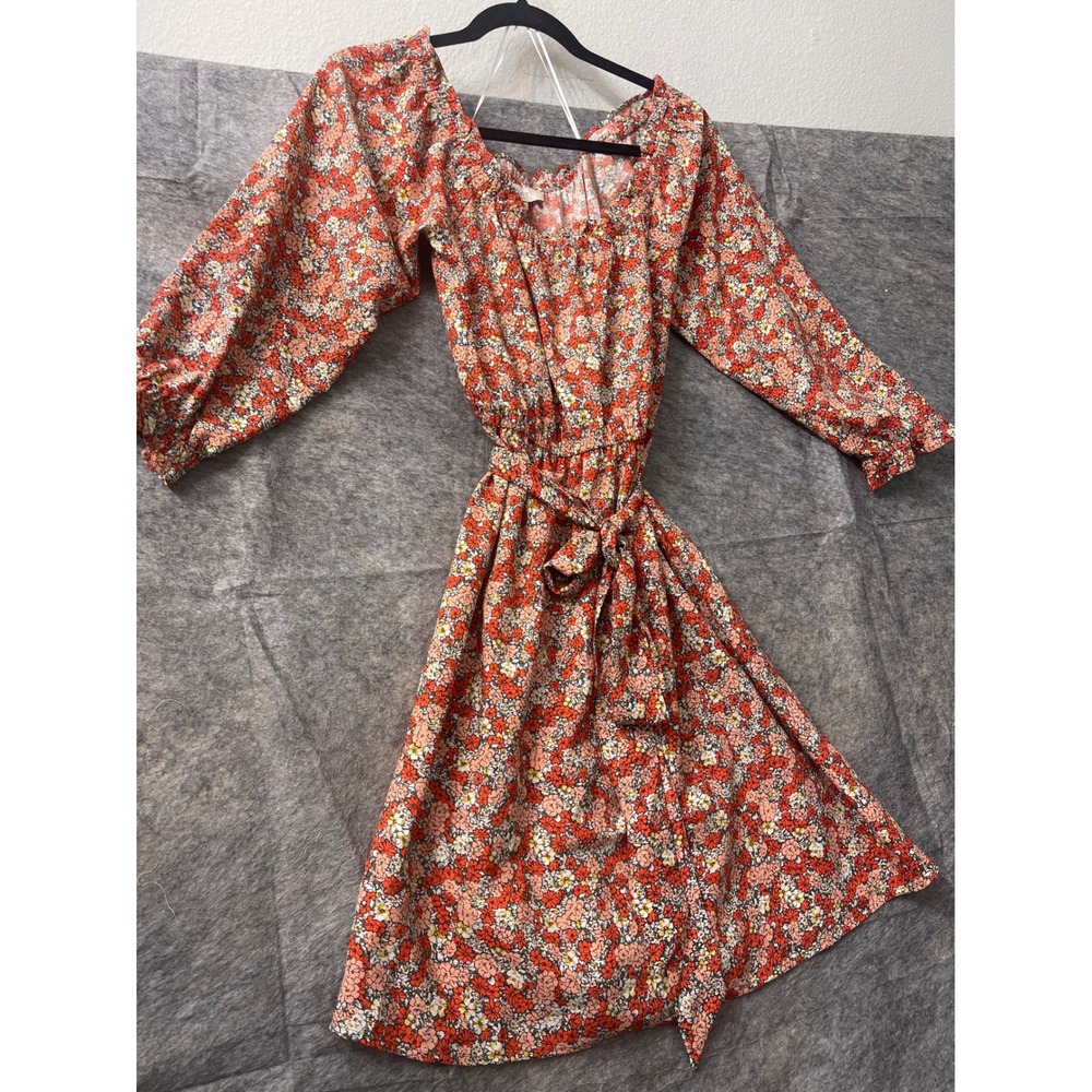 LOFT Outlet Orange Red Floral Long Sleeve Mini Dress Belted Size 2 - Picture 3 of 15